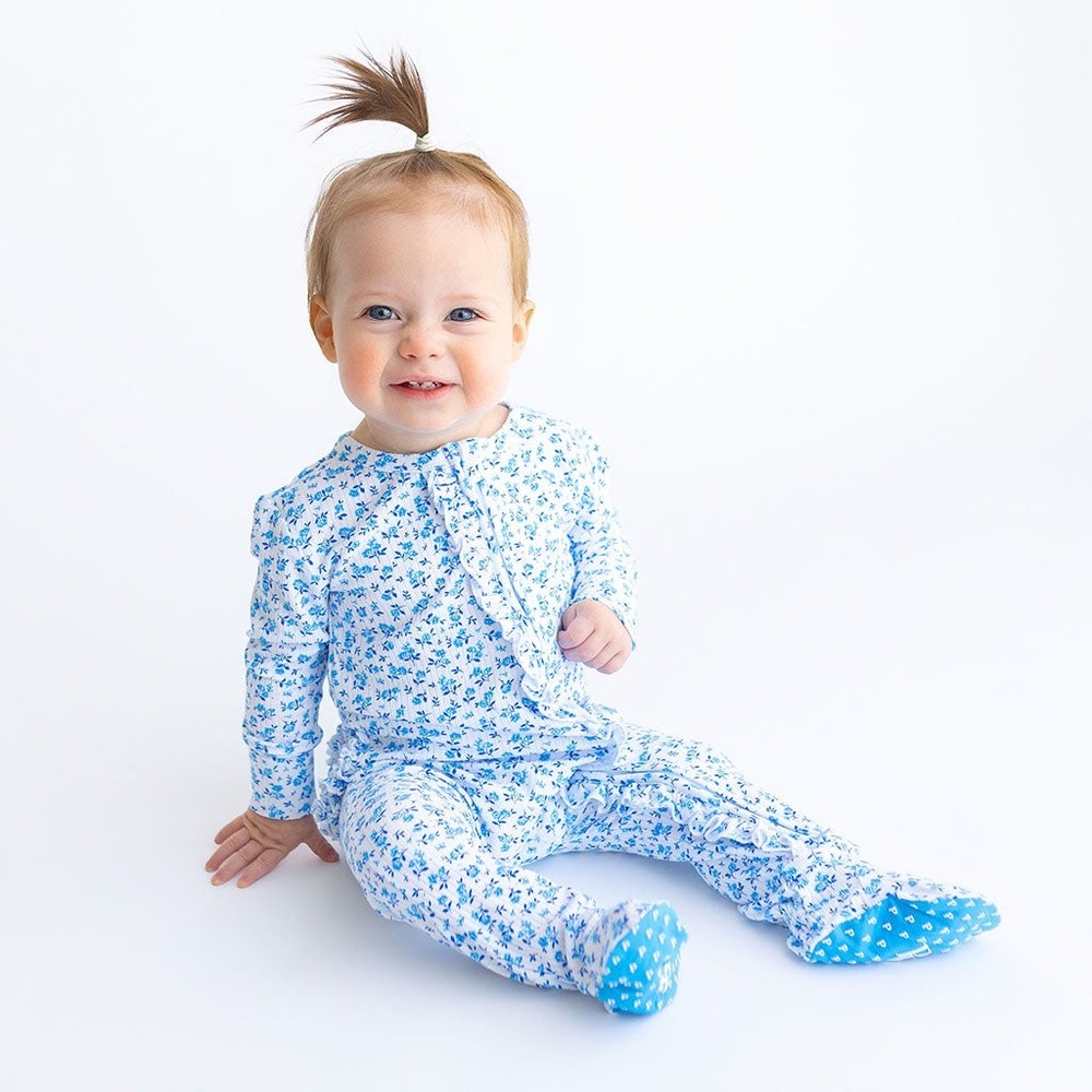 Posh Peanut Andina Blue Floral Ribbed Bamboo Footie Romper 18-24 Months NWT